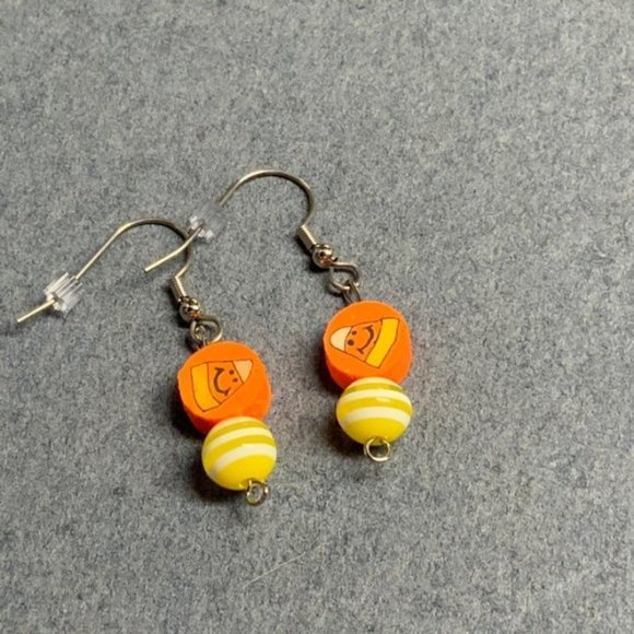 Halloween Earrings Smiling Candy Corn Orange Yellow Stripe - Picture 2 of 3